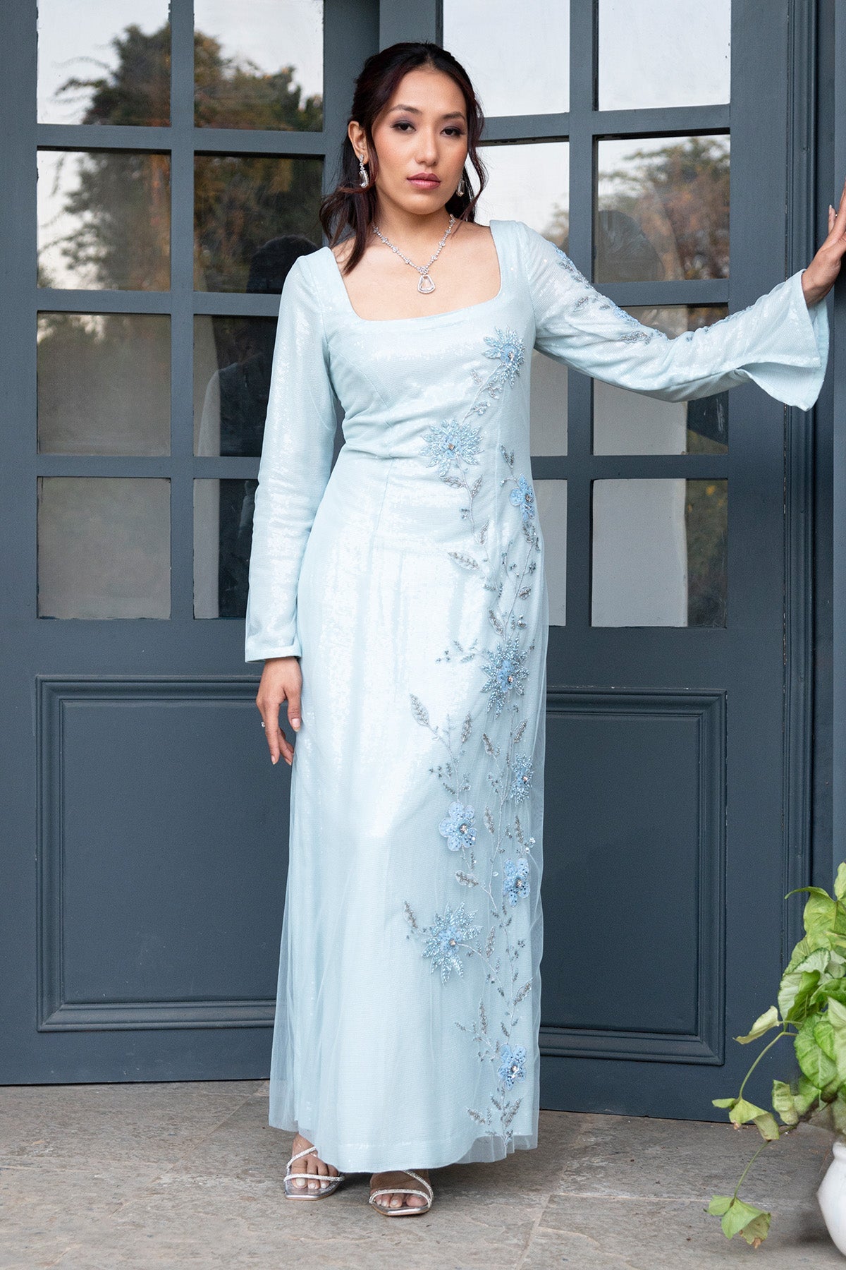 Buy Ice Blue Floral Embellished Gown by Smita Shrinivas for women online at ScrollnShops
